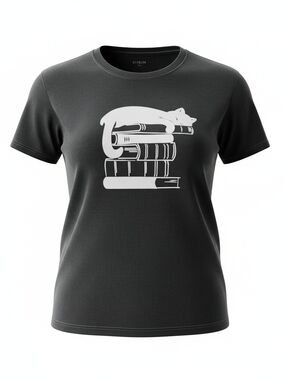 SHEIN Black Tee with White Cat-on-Books Graphic